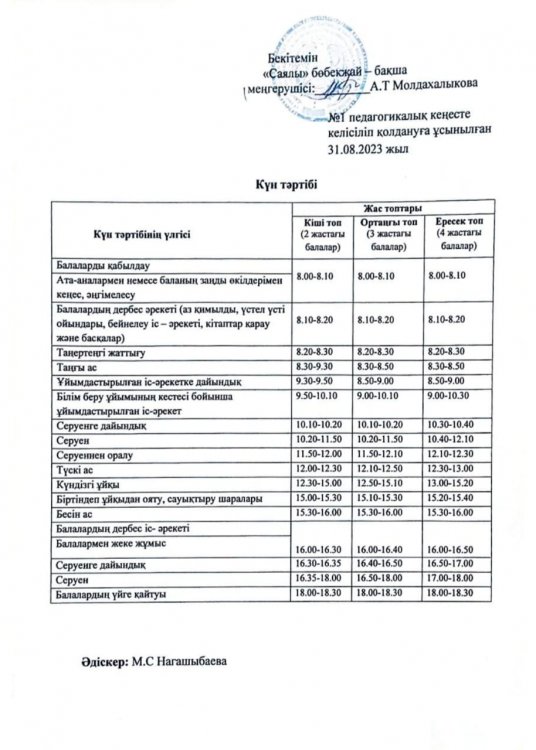 2023 - 2024 оқу жылының күн тәртібі