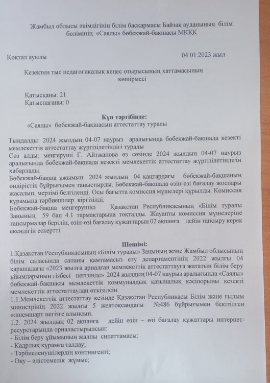 Педагогикалық кеңес отырысының хаттамасы