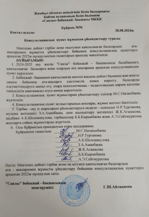 Консультациялық пункт жұмысын ұйымдастыру туралы бұйрық
