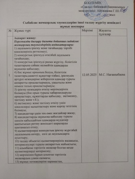 Сыбайлас жемқорлық тәуекелдеріне ішкі талдау жүргізу жөніндегі жұмыс жоспары