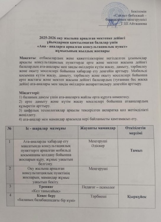 2025-2026 оқу жылына арналған консультациялық пунктің жұмыс жоспары