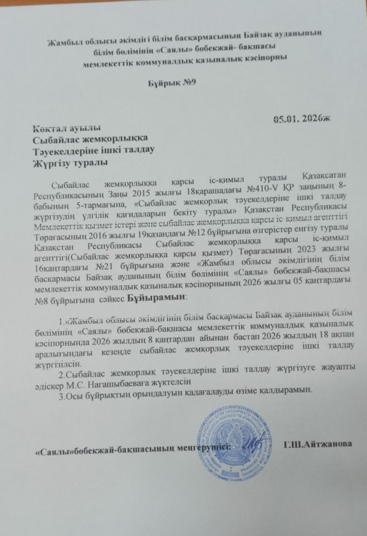 Сыбайлас жемқорлық тәуекелдеріне талдау жүргізу туралы бұйрық