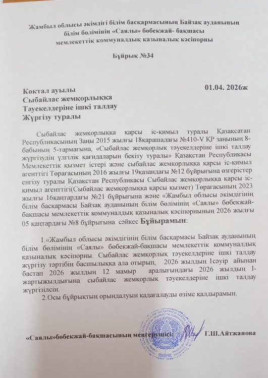 Сыбайлас жемқорлық тәуекелдеріне талдау жүргізу туралы бұйрық