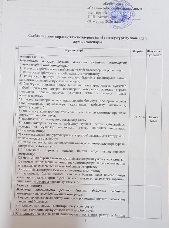 Сыбайлас жемқорлық тәуекелдеріне ішкі талдау жүргізу жөніндегі жұмыс жоспары